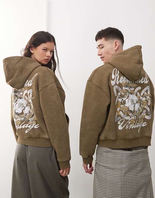 asos Reclaimed Vintage unisex boxy hoodie with back graphic in khaki