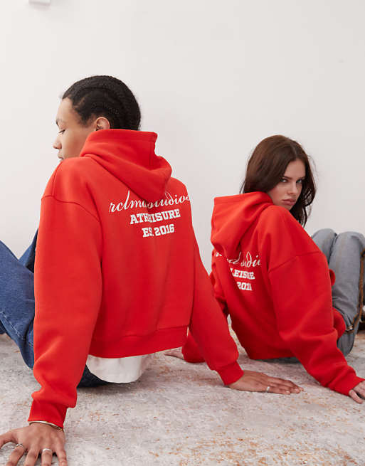 Asos Reclaimed Vintage Unisex Boxy Logo Hoodie In Red