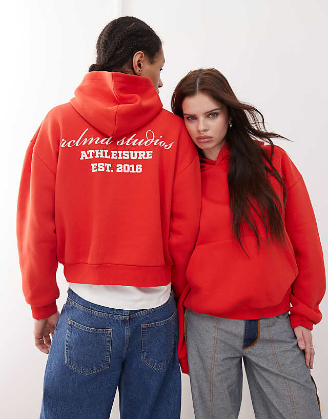 asos Reclaimed Vintage unisex boxy logo hoodie in red