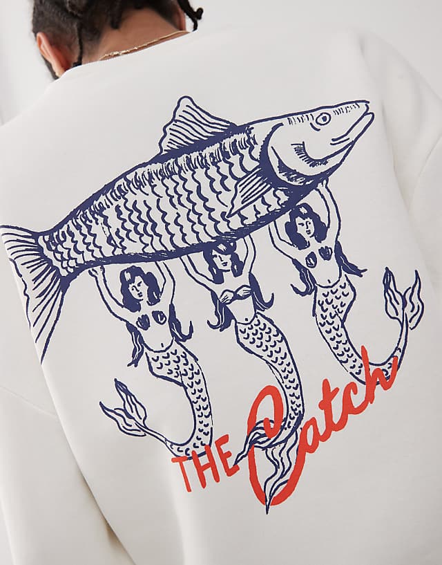 Asos Reclaimed Vintage Unisex Boxy Sweatshirt With Fisherman Back Graphic In Ecru