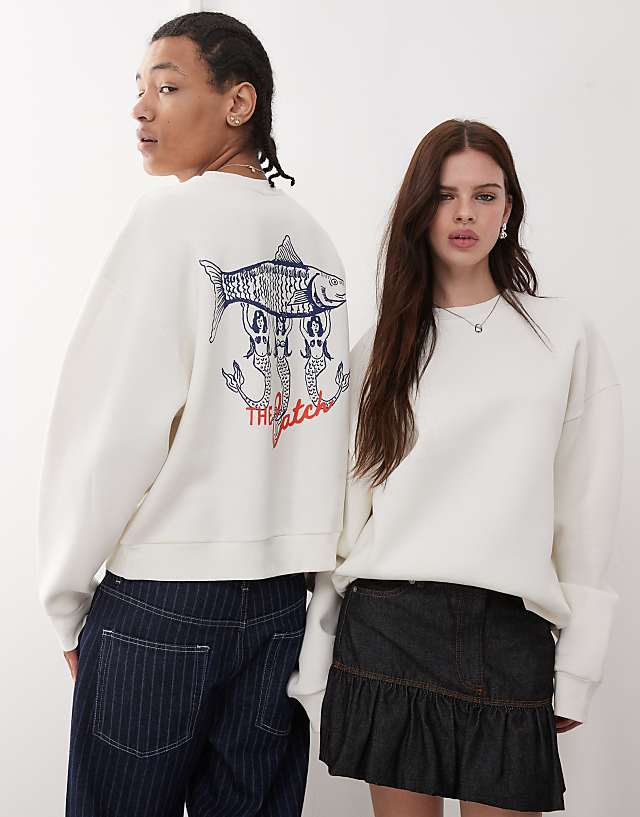 asos Reclaimed Vintage unisex boxy sweatshirt with fisherman back graphic in ecru