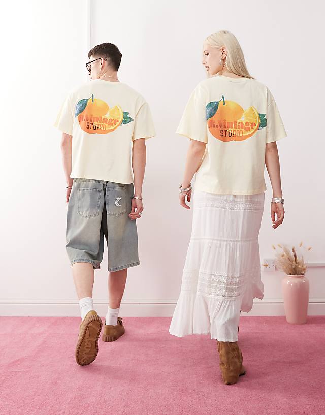 Asos Reclaimed Vintage Unisex Boxy T-shirt With Fruit Graphic In Butter Yellow