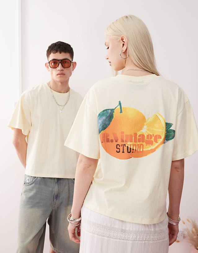 asos Reclaimed Vintage unisex boxy t-shirt with fruit graphic in butter yellow