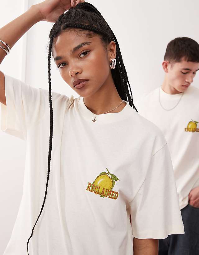 Asos Reclaimed Vintage Unisex Boxy T-shirt With Lemon Fruit Graphic In Off White - WHITE