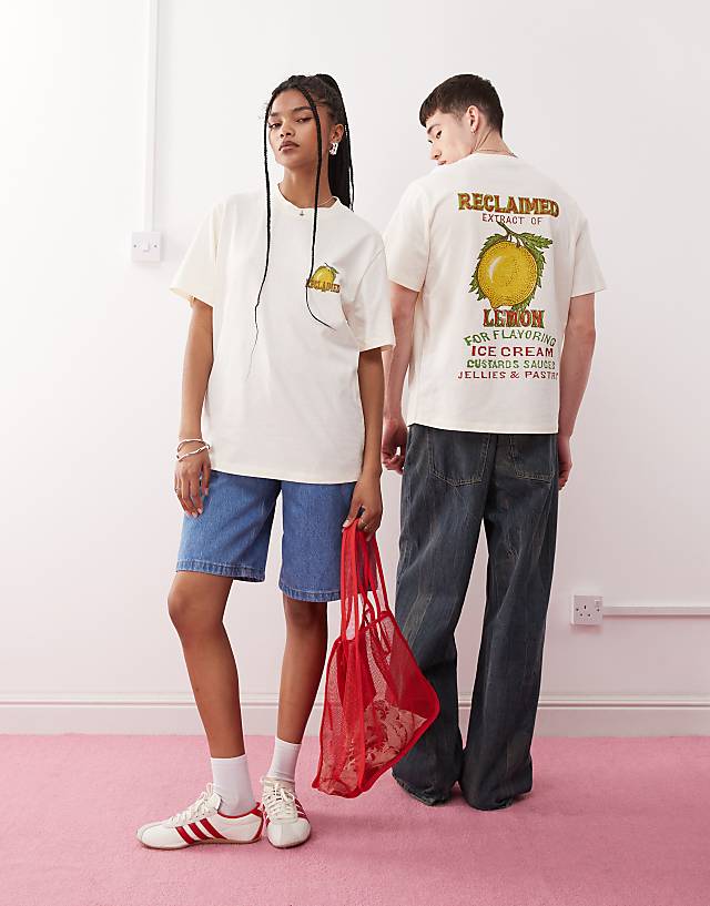 Asos Reclaimed Vintage Unisex Boxy T-shirt With Lemon Fruit Graphic In Off White - WHITE