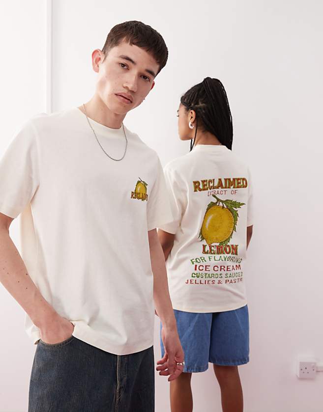 asos Reclaimed Vintage unisex boxy t-shirt with lemon fruit graphic in off white - WHITE