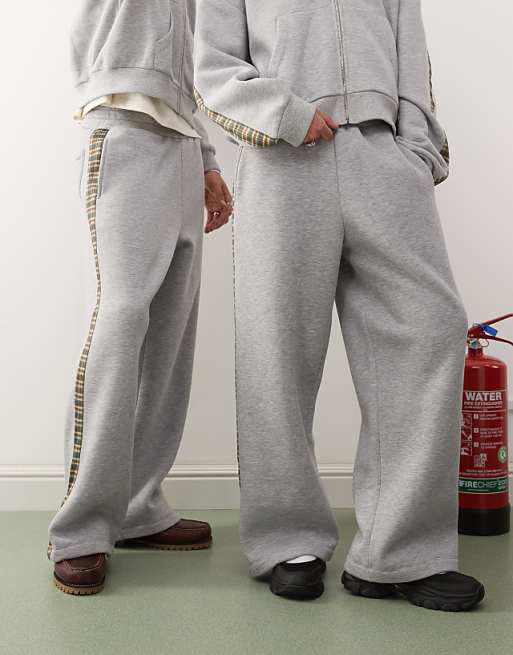 Asos Reclaimed Vintage Unisex Check Side Stripe Wide Leg Jogger In Grey Marl