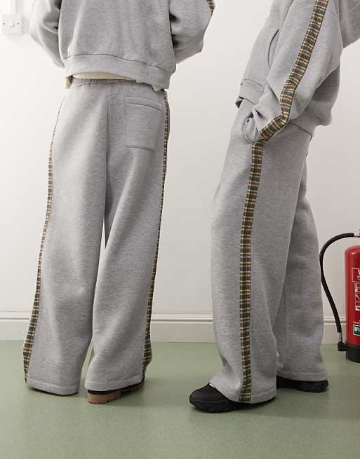 Asos Reclaimed Vintage Unisex Check Side Stripe Wide Leg Jogger In Grey Marl