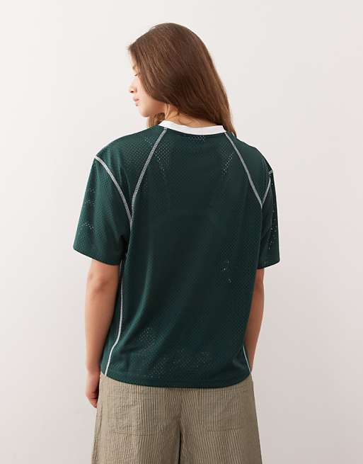 Asos Reclaimed Vintage Unisex Cropped Boxy Airtex Football T-shirt In Forest Green