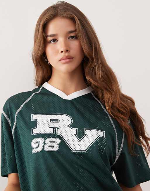 Asos Reclaimed Vintage Unisex Cropped Boxy Airtex Football T-shirt In Forest Green