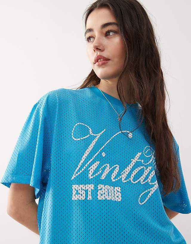 Asos Reclaimed Vintage Unisex Cropped Boxy Airtex Football T-shirt In Aqua Blue