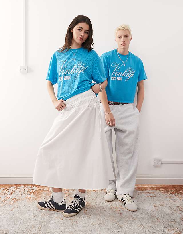 Asos Reclaimed Vintage Unisex Cropped Boxy Airtex Football T-shirt In Aqua Blue