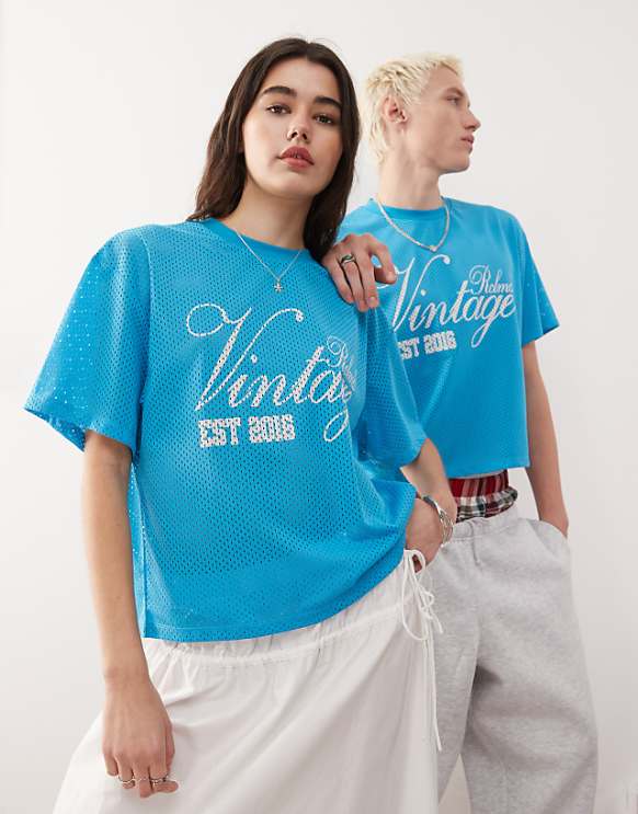 asos Reclaimed Vintage unisex cropped boxy airtex football t-shirt in aqua blue