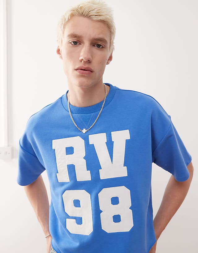 Asos Reclaimed Vintage Unisex Cropped Boxy Sweat T-shirt With Varsity Logo In Blue