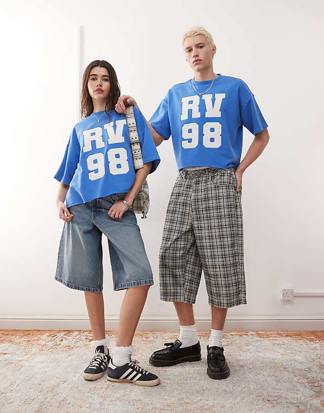 Asos Reclaimed Vintage Unisex Cropped Boxy Sweat T-shirt With Varsity Logo In Blue