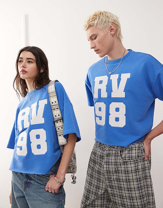Asos Reclaimed Vintage Unisex Cropped Boxy Sweat T-shirt With Varsity Logo In Blue