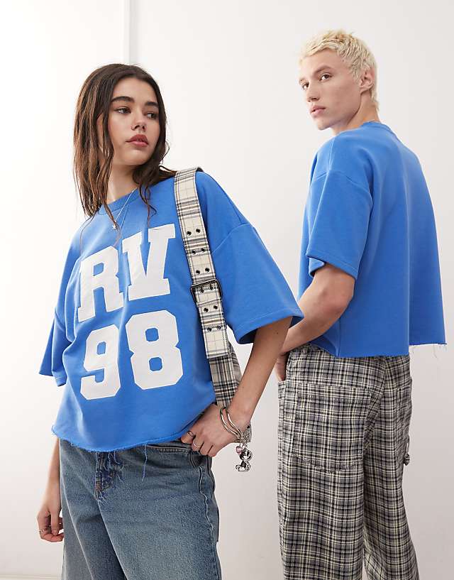 asos Reclaimed Vintage unisex cropped boxy sweat t-shirt with varsity logo in blue
