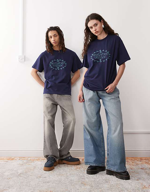 Asos Reclaimed Vintage Unisex Embroidered Oversized T-shirt In Navy
