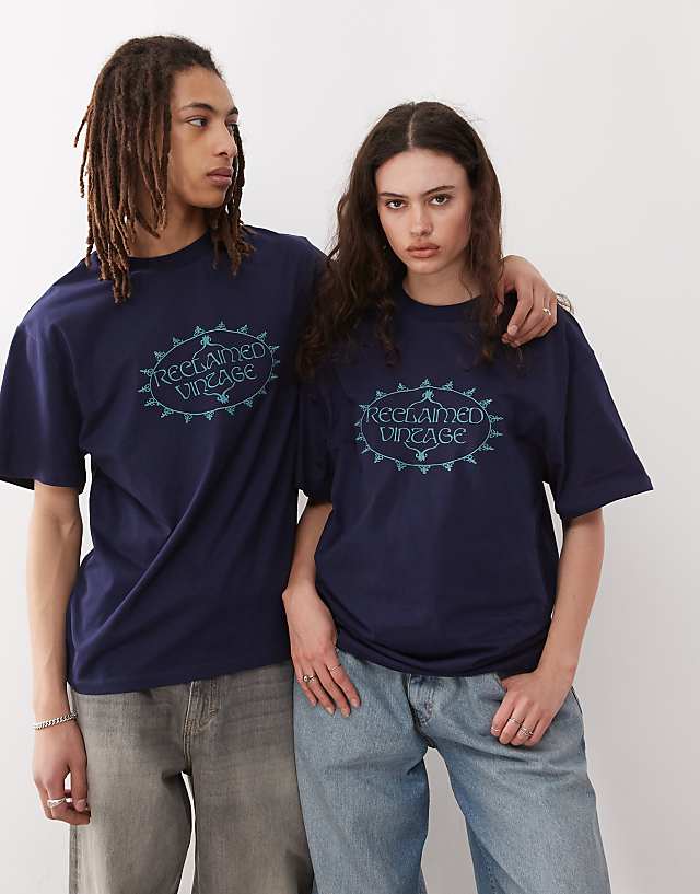 Asos Reclaimed Vintage Unisex Embroidered Oversized T-shirt In Navy