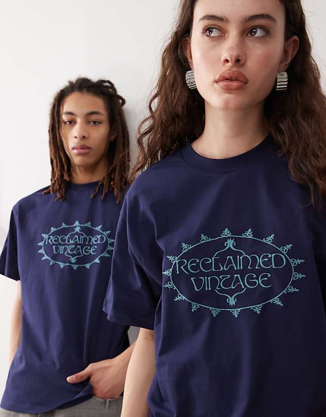asos Reclaimed Vintage unisex embroidered oversized t-shirt in navy
