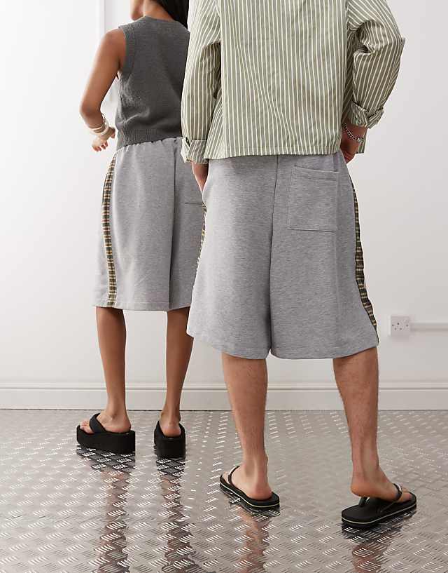 Asos Reclaimed Vintage Unisex Jersey Short With Check Side Detail In Grey Marl