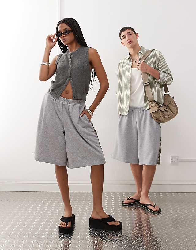 asos Reclaimed Vintage unisex jersey short with check side detail in grey marl