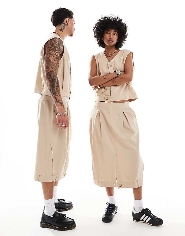 Asos Reclaimed Vintage Unisex Linen Look Tailored Waistcoat In Stone