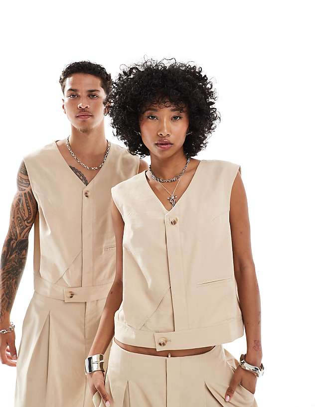 asos Reclaimed Vintage unisex linen look tailored waistcoat in stone