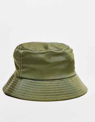 Asos Reclaimed Vintage Unisex Nylon Logo Bucket Hat In Khaki
