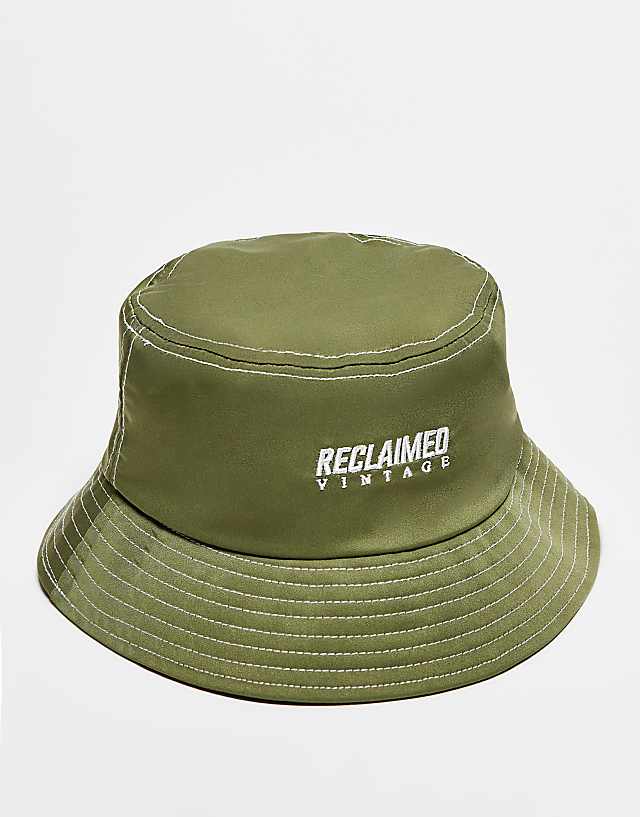 asos Reclaimed Vintage unisex nylon logo bucket hat in khaki