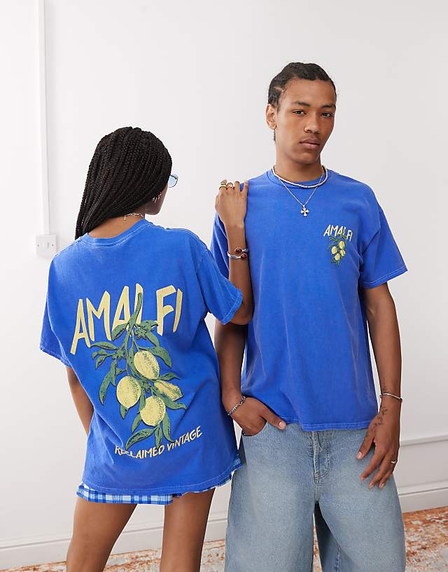 Asos Reclaimed Vintage Unisex Oversized T-shirt With Amalfi Lemon Print In Blue