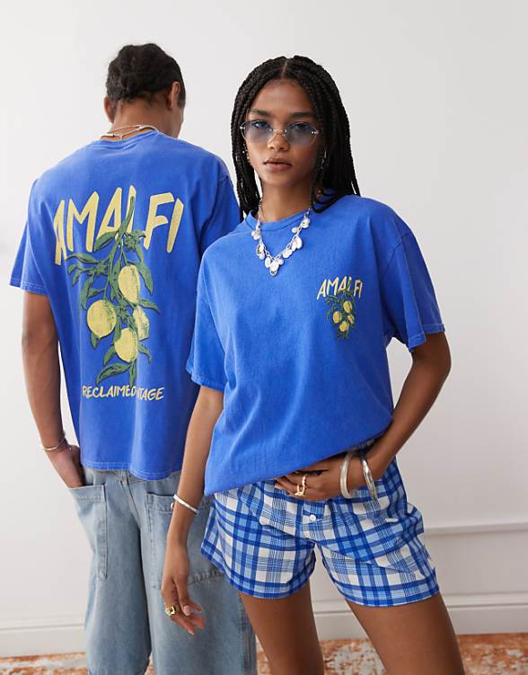 asos Reclaimed Vintage unisex oversized t-shirt with Amalfi lemon print in blue