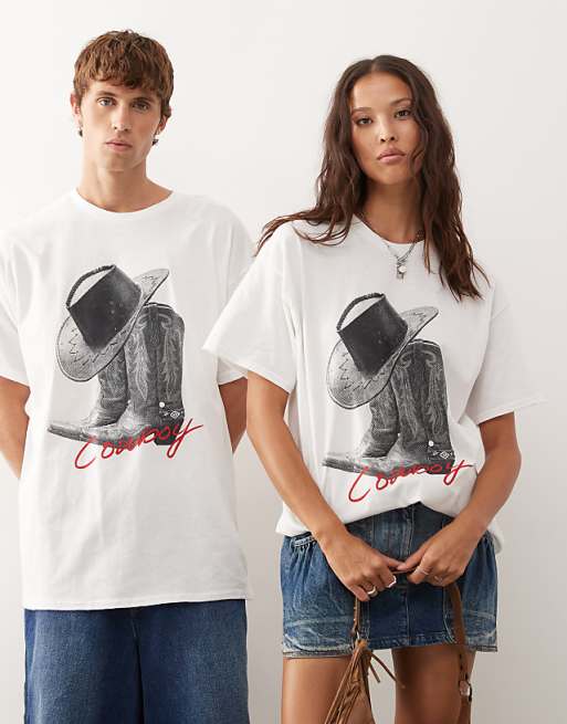 asos Reclaimed Vintage unisex oversized t-shirt with cowboy boot print in white