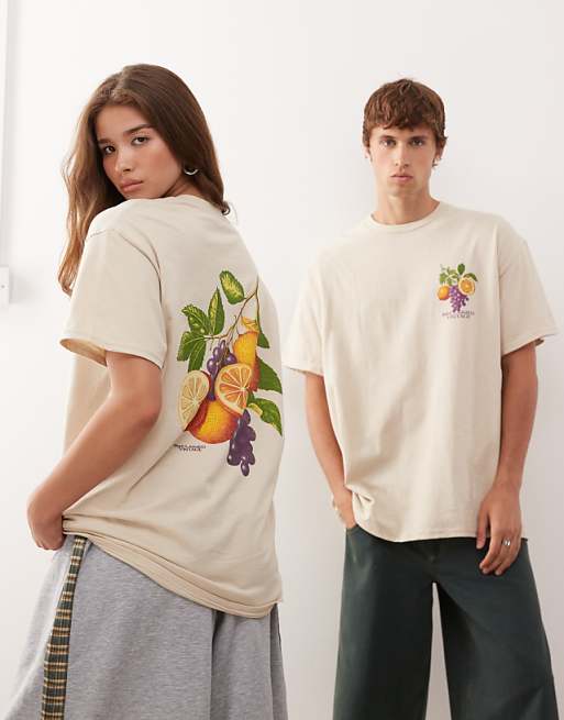 Asos Reclaimed Vintage Unisex Oversized T-shirt With Fruit Graphic Print In Stone