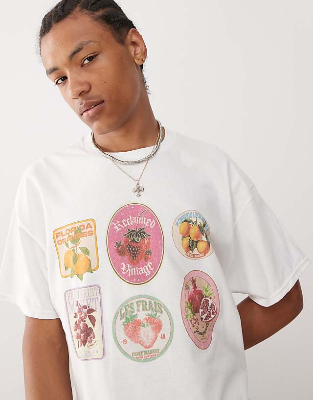 Asos Reclaimed Vintage Unisex Oversized T-shirt With Fruit Sticker Print In White