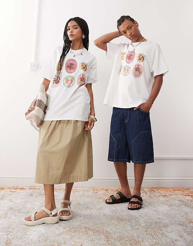 Asos Reclaimed Vintage Unisex Oversized T-shirt With Fruit Sticker Print In White