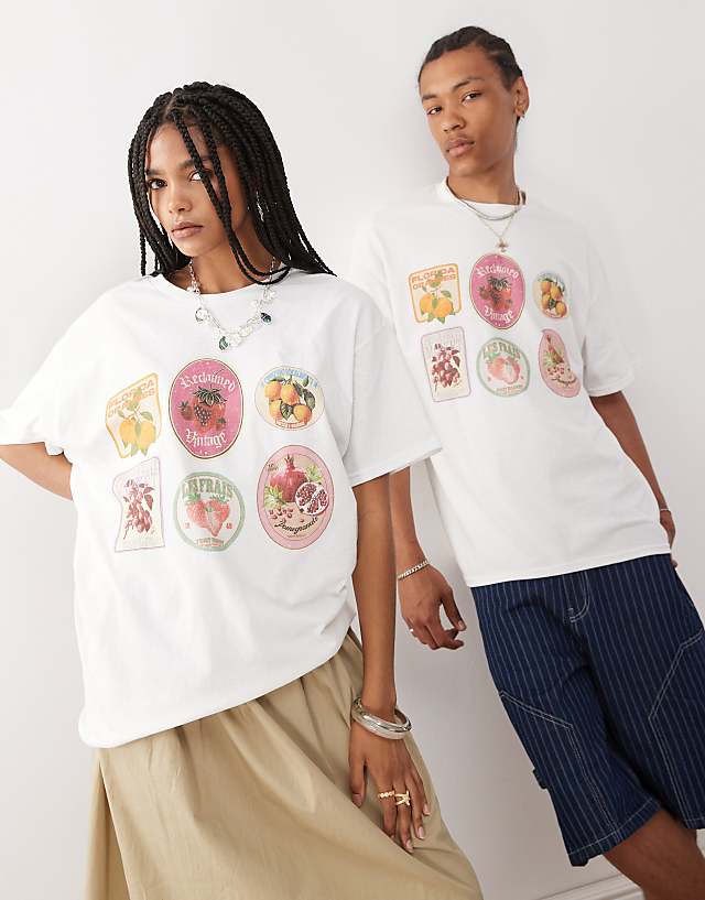 asos Reclaimed Vintage unisex oversized t-shirt with fruit sticker print in white