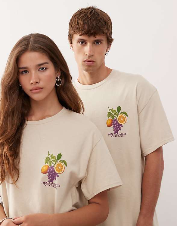asos Reclaimed Vintage unisex oversized t-shirt with fruit graphic print in stone