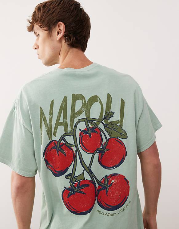 Asos Reclaimed Vintage Unisex Oversized T-shirt With Tomato Back Graphic Print In Washed Sage Green