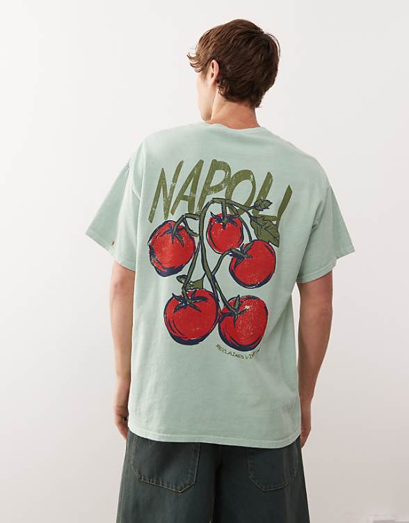 Asos Reclaimed Vintage Unisex Oversized T-shirt With Tomato Back Graphic Print In Washed Sage Green
