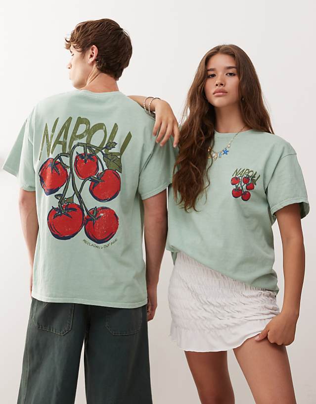 asos Reclaimed Vintage unisex oversized t-shirt with tomato back graphic print in washed sage green