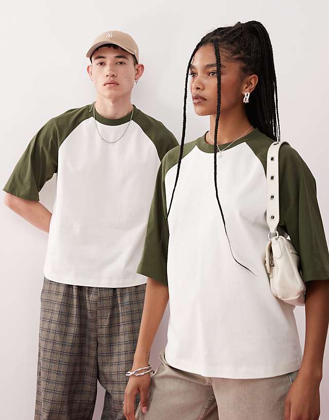 asos Reclaimed Vintage unisex slim cropped boxy t-shirt with raglan detail in off white