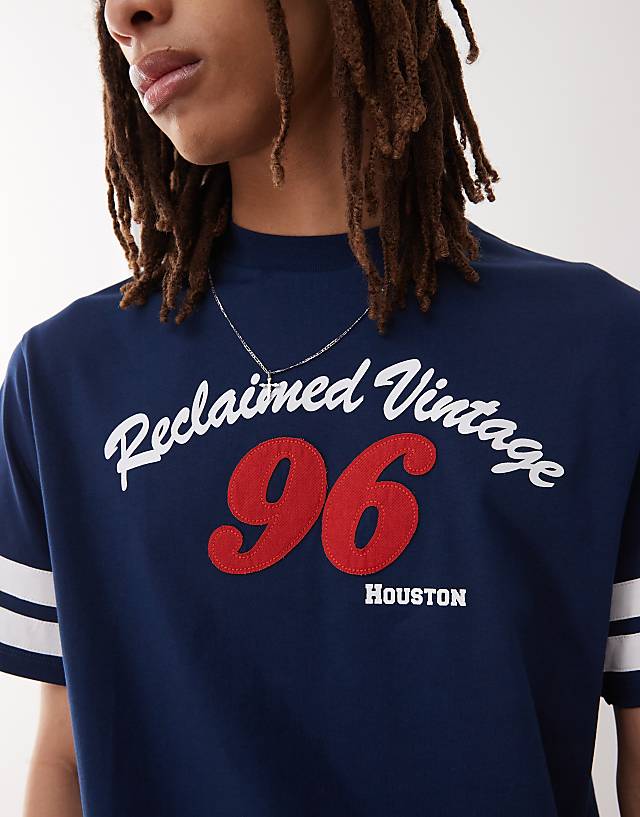 Asos Reclaimed Vintage Unisex Slim Cropped Boxy Tee With Varsity Graphic Print In Navy - NAVY