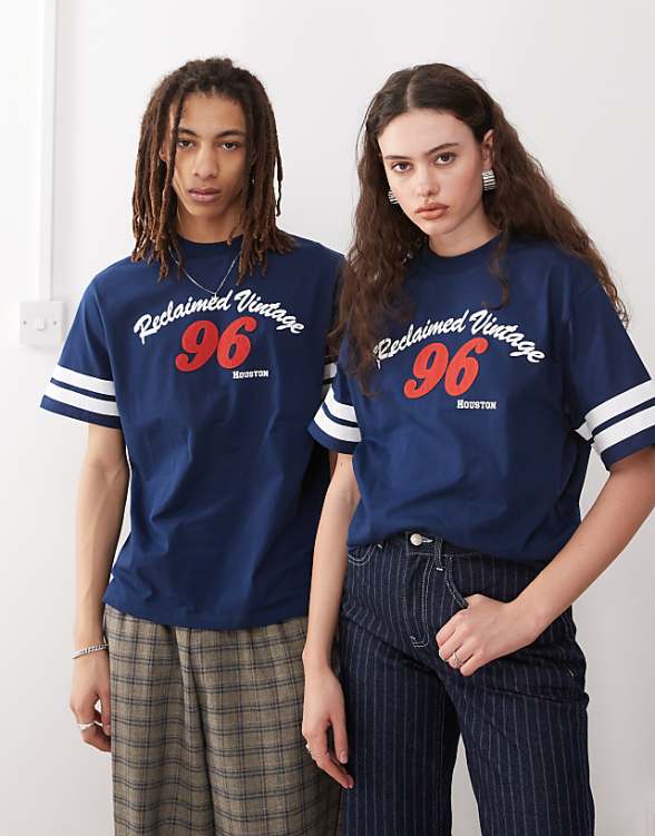 asos Reclaimed Vintage unisex slim cropped boxy tee with varsity graphic print in navy - NAVY