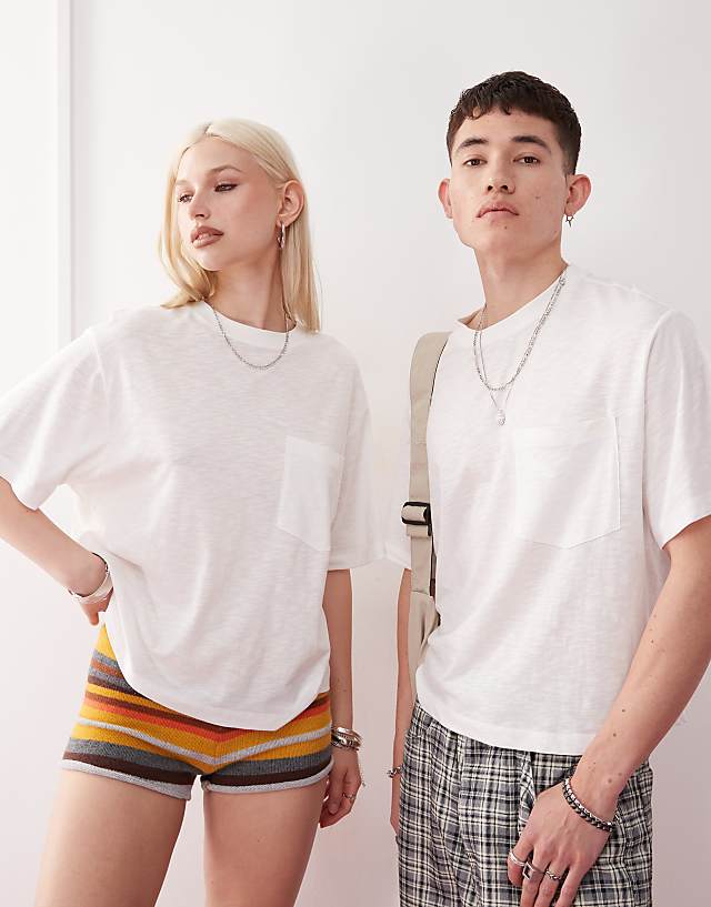asos Reclaimed Vintage unisex slub jersey oversized cropped t-shirt with pocket detail in ecru