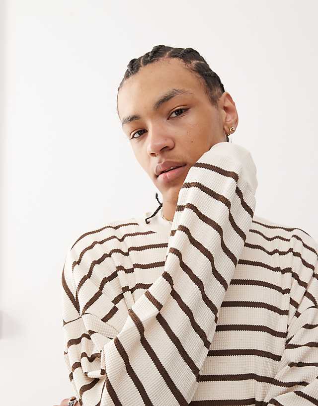 Asos Reclaimed Vintage Unisex Waffle Textured Sweat In Cream And Brown Stripe