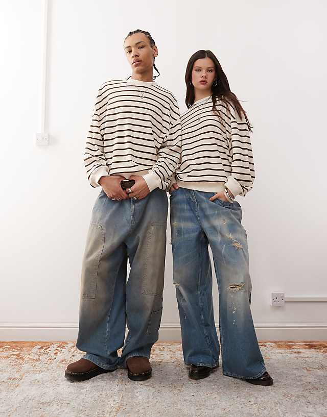 Asos Reclaimed Vintage Unisex Waffle Textured Sweat In Cream And Brown Stripe