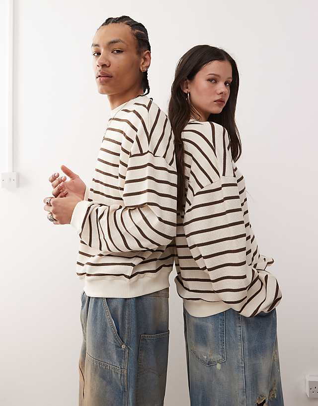 asos Reclaimed Vintage unisex waffle textured sweat in cream and brown stripe