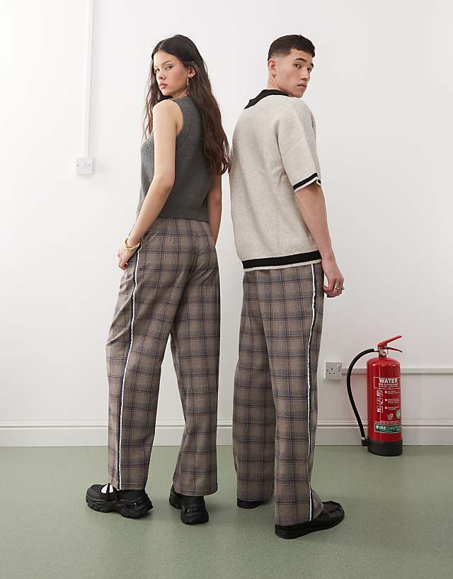Asos Reclaimed Vintage Unisex Wide Leg Trouser In Brown Check