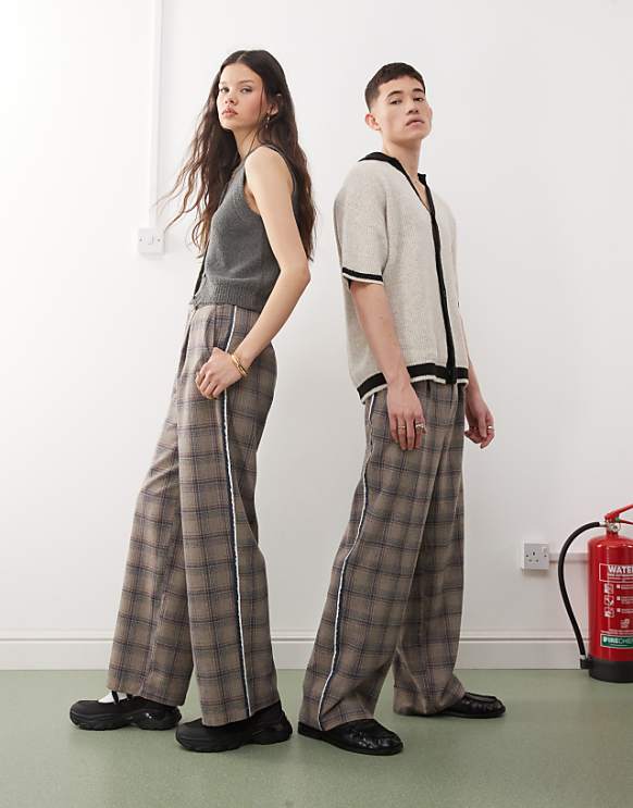 asos Reclaimed Vintage unisex wide leg trouser in brown check